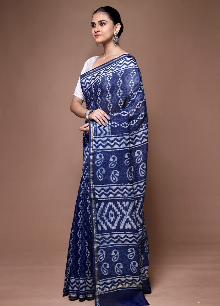 Blue Chanderi Cotton Saree With Blouse Piece