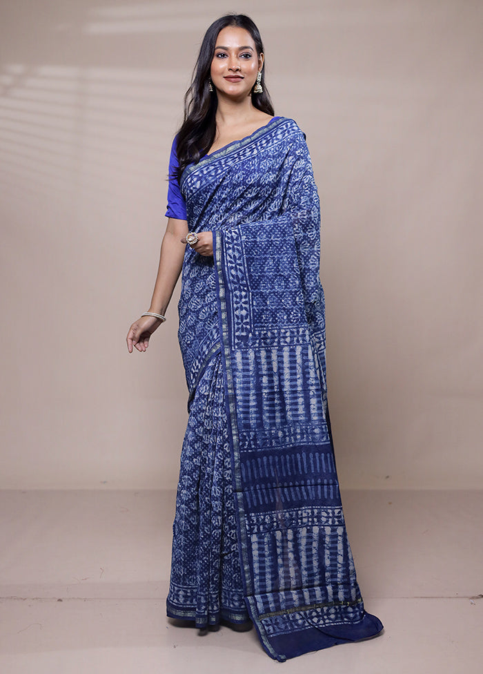 Blue Chanderi Cotton Saree With Blouse Piece