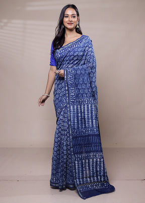 Blue Chanderi Cotton Saree With Blouse Piece