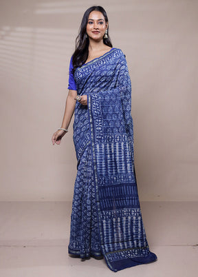 Blue Chanderi Cotton Saree With Blouse Piece