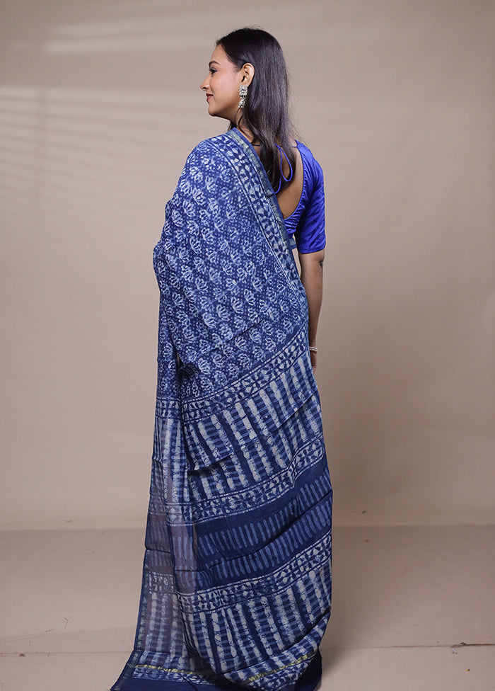 Blue Chanderi Cotton Saree With Blouse Piece