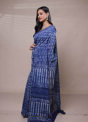 Blue Chanderi Cotton Saree With Blouse Piece