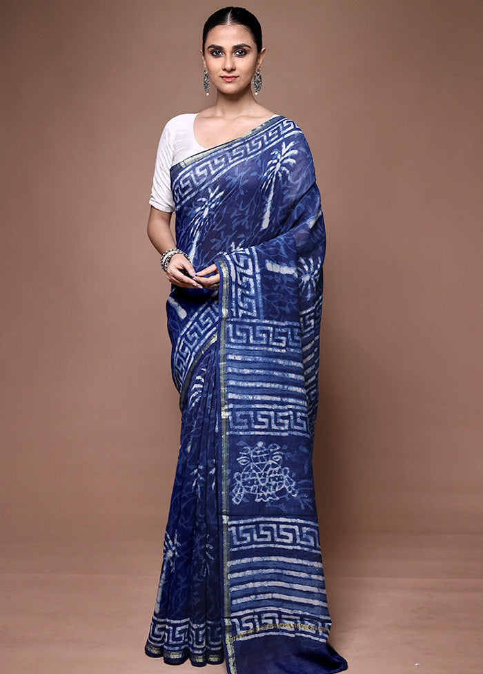 Blue Chanderi Cotton Saree With Blouse Piece