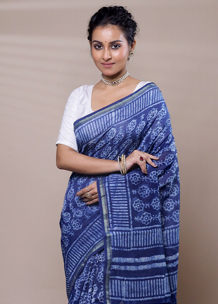 Blue Chanderi Cotton Saree With Blouse Piece