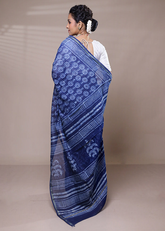 Blue Chanderi Cotton Saree With Blouse Piece