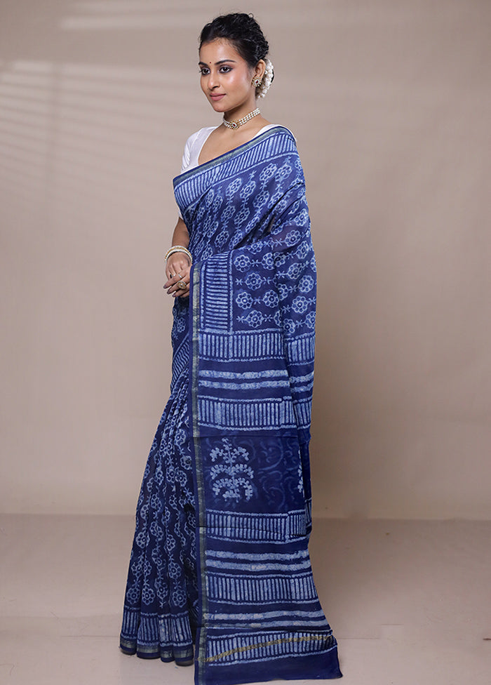 Blue Chanderi Cotton Saree With Blouse Piece