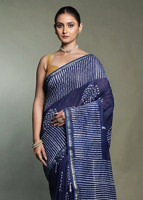 Blue Chanderi Cotton Saree With Blouse Piece