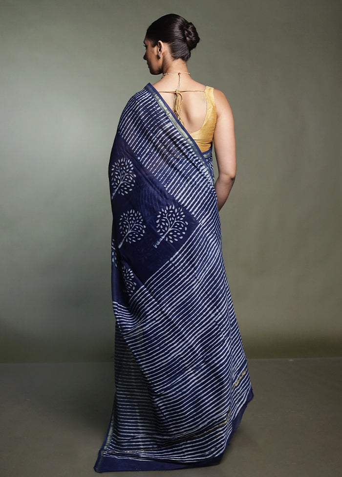 Blue Chanderi Cotton Saree With Blouse Piece