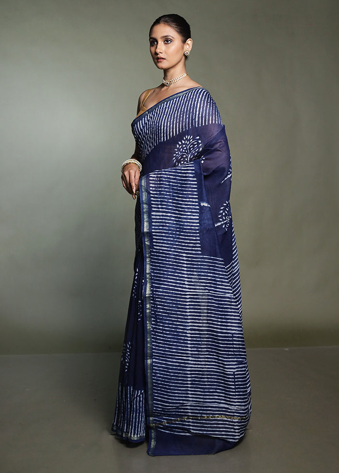 Blue Chanderi Cotton Saree With Blouse Piece