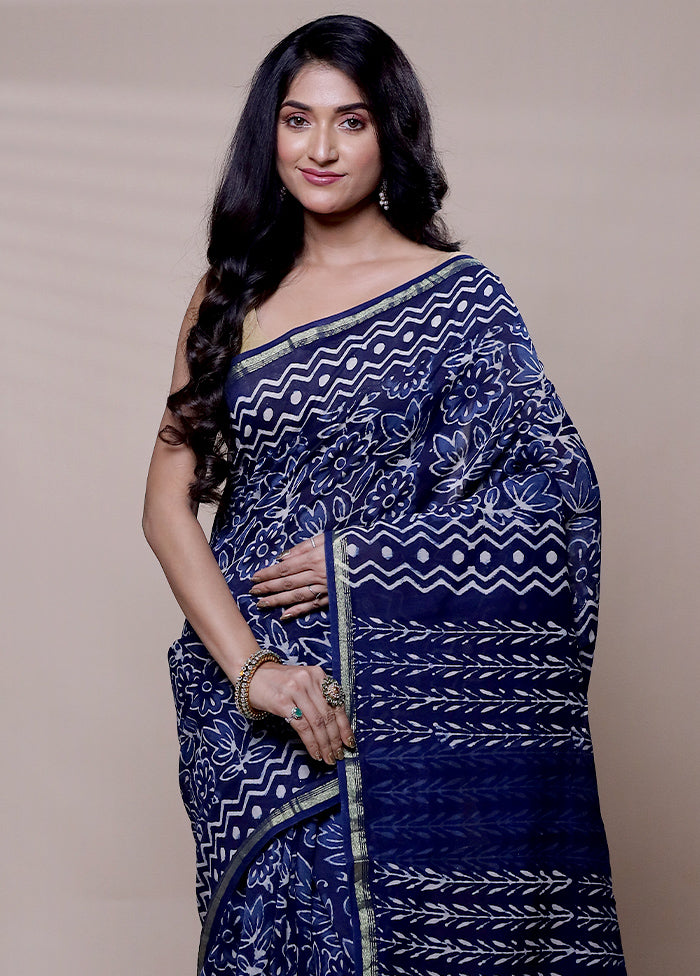 Blue Chanderi Cotton Saree With Blouse Piece