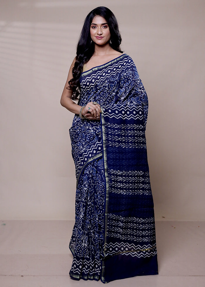 Blue Chanderi Cotton Saree With Blouse Piece