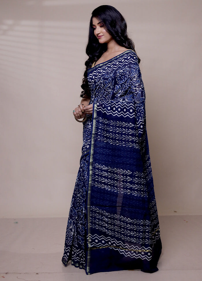 Blue Chanderi Cotton Saree With Blouse Piece