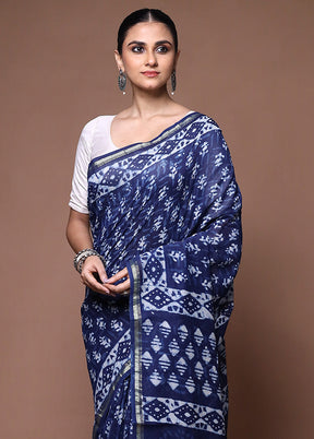 Blue Chanderi Cotton Saree With Blouse Piece