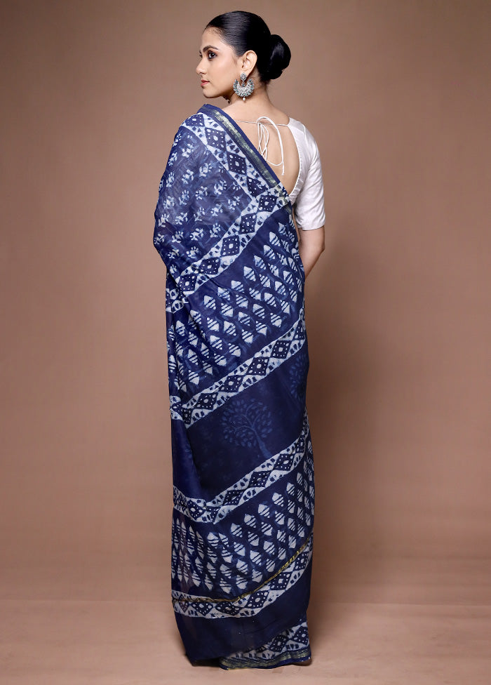 Blue Chanderi Cotton Saree With Blouse Piece