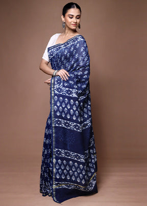 Blue Chanderi Cotton Saree With Blouse Piece