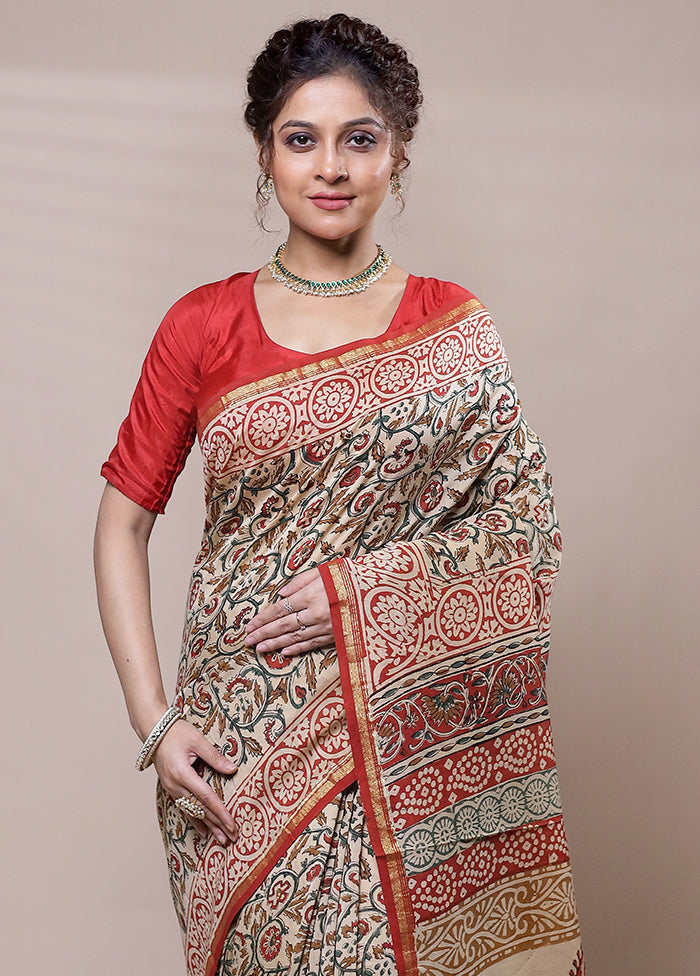 Cream Chanderi Cotton Saree With Blouse Piece