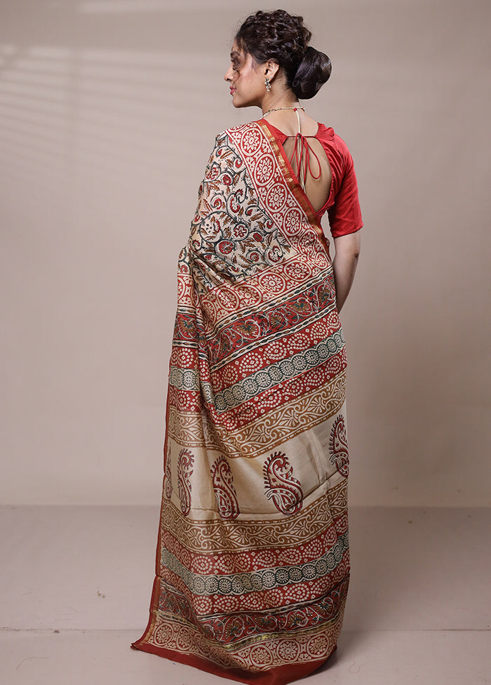 Cream Chanderi Cotton Saree With Blouse Piece