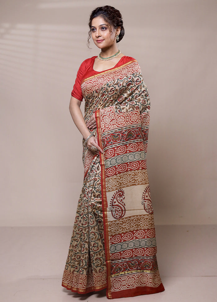 Cream Chanderi Cotton Saree With Blouse Piece