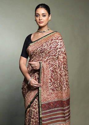 Cream Chanderi Cotton Saree With Blouse Piece