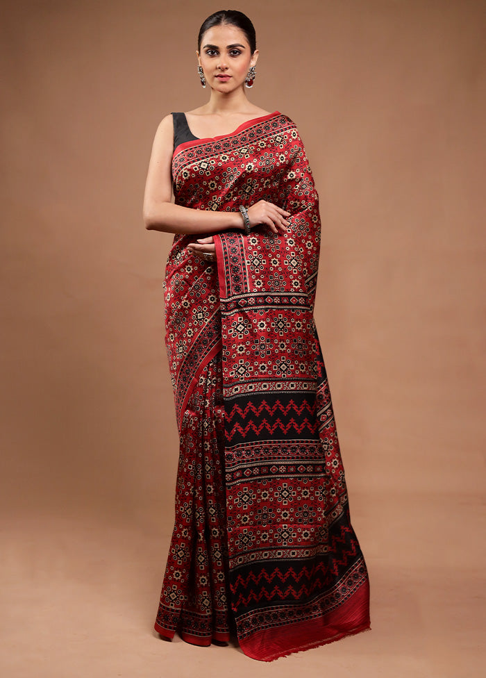 Red Printed Pure Silk Saree Without Blouse Piece