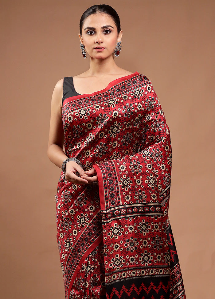 Red Printed Pure Silk Saree Without Blouse Piece