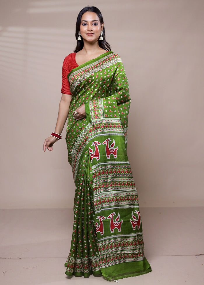 Green Printed Pure Silk Saree Without Blouse Piece