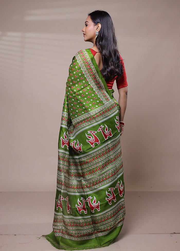 Green Printed Pure Silk Saree Without Blouse Piece