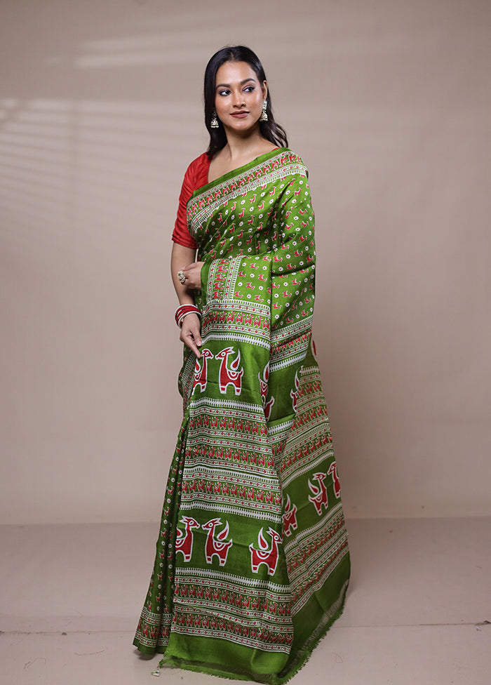 Green Printed Pure Silk Saree Without Blouse Piece