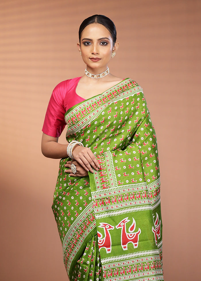 Green Printed Pure Silk Saree Without Blouse Piece