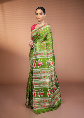 Green Printed Pure Silk Saree Without Blouse Piece