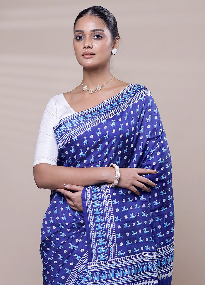 Blue Printed Pure Silk Saree Without Blouse Piece