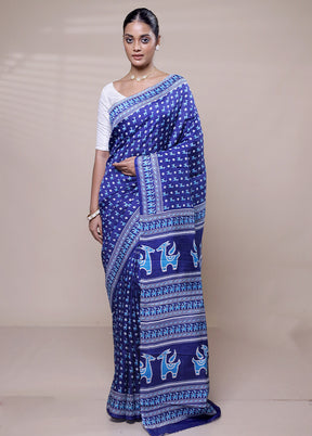 Blue Printed Pure Silk Saree Without Blouse Piece