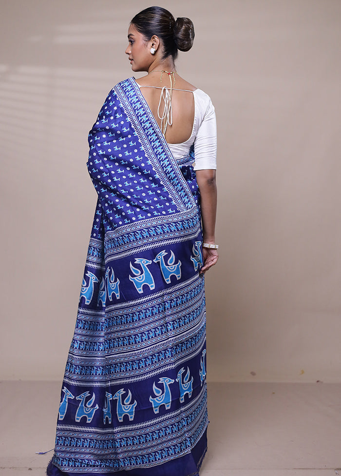 Blue Printed Pure Silk Saree Without Blouse Piece