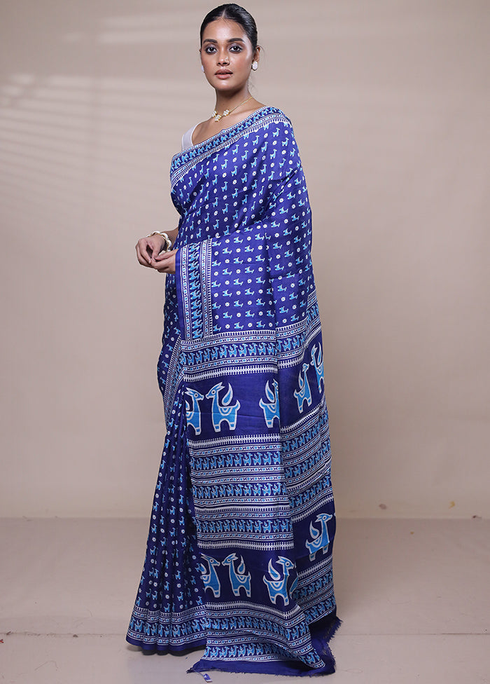 Blue Printed Pure Silk Saree Without Blouse Piece