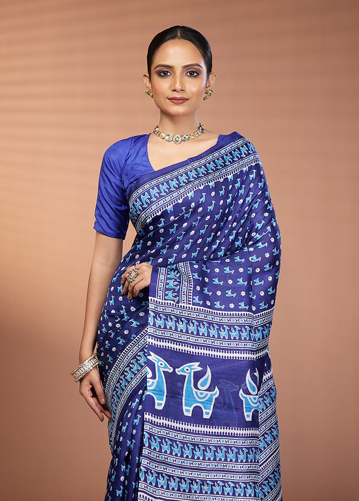 Blue Printed Pure Silk Saree Without Blouse Piece