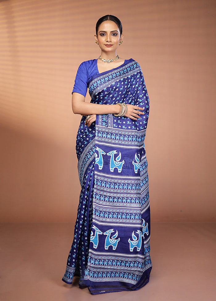 Blue Printed Pure Silk Saree Without Blouse Piece