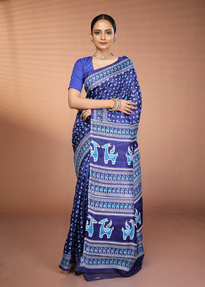Blue Printed Pure Silk Saree Without Blouse Piece