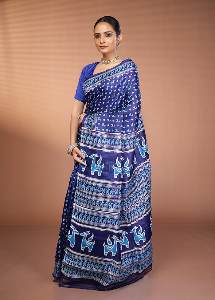 Blue Printed Pure Silk Saree Without Blouse Piece