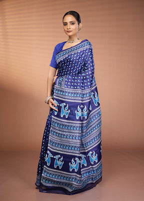 Blue Printed Pure Silk Saree Without Blouse Piece