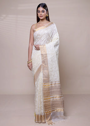 White Handloom Tussar Pure Silk Saree With Blouse Piece