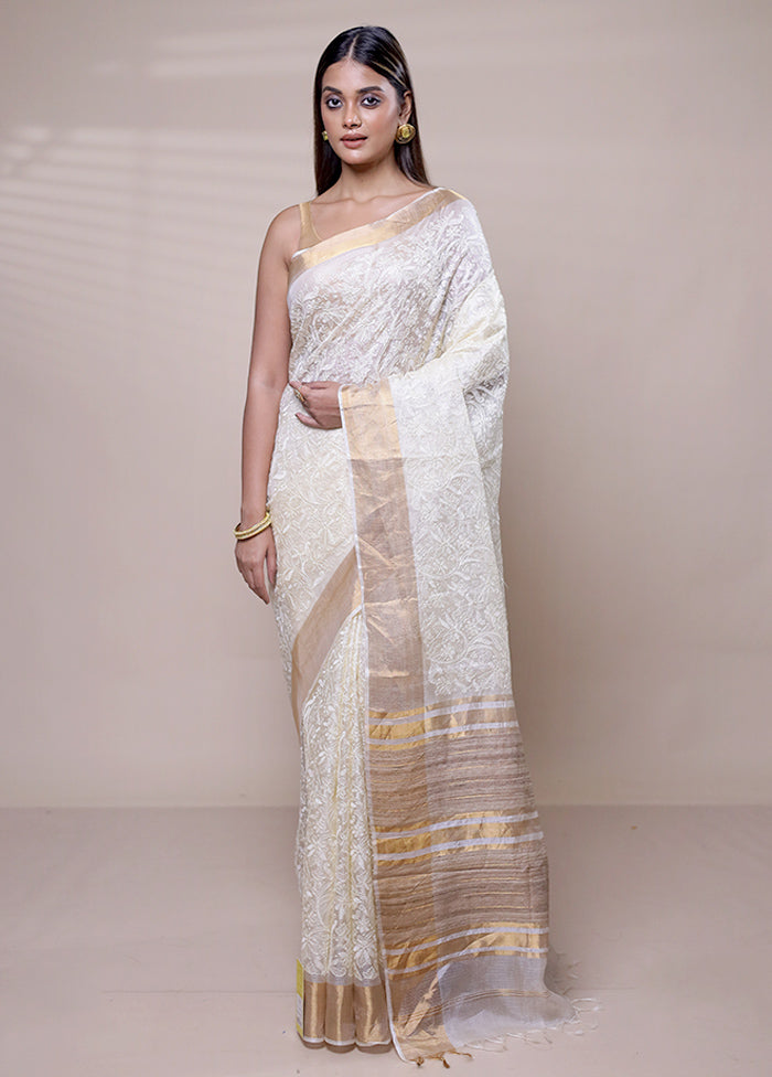 White Handloom Tussar Pure Silk Saree With Blouse Piece