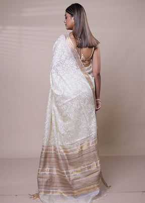 White Handloom Tussar Pure Silk Saree With Blouse Piece