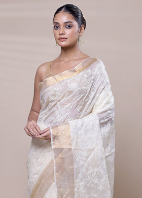 White Handloom Tussar Pure Silk Saree With Blouse Piece