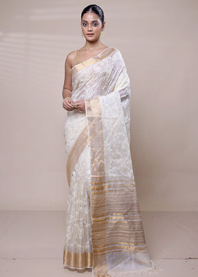 White Handloom Tussar Pure Silk Saree With Blouse Piece