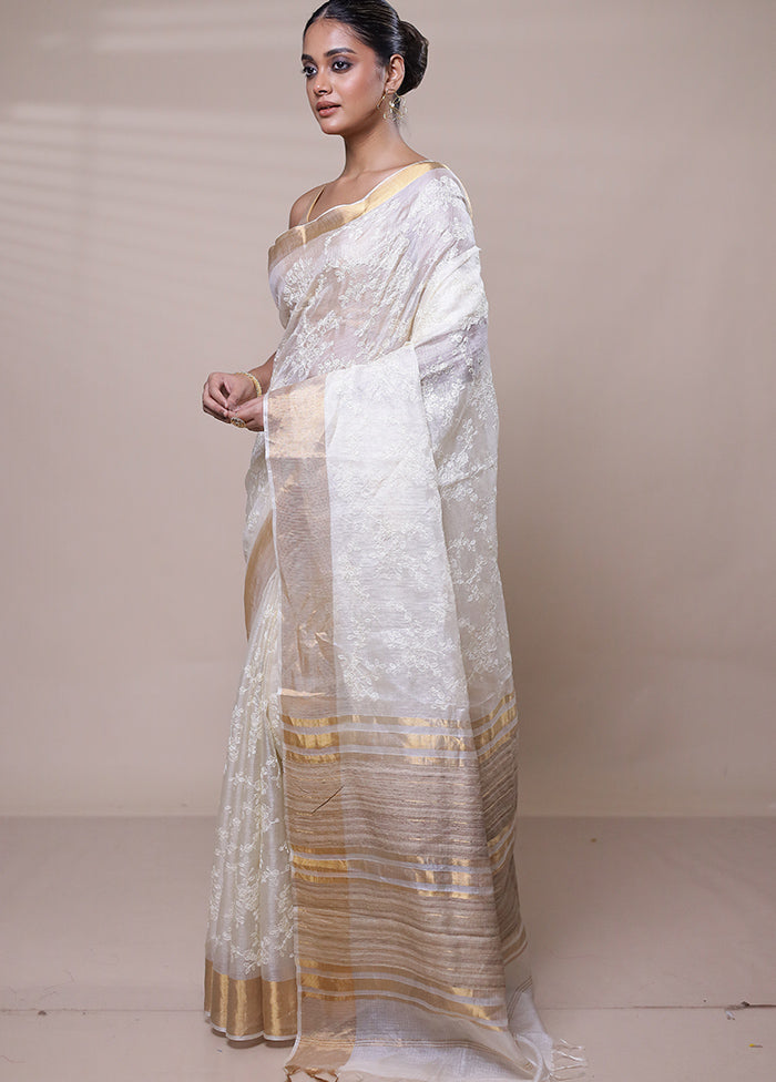 White Handloom Tussar Pure Silk Saree With Blouse Piece