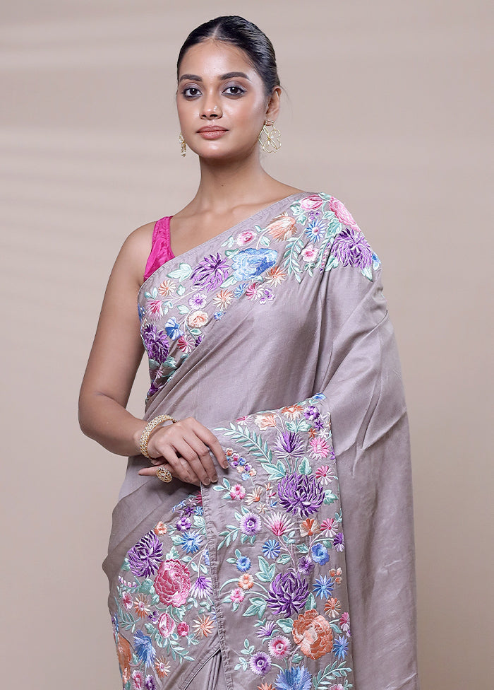 Grey Handloom Tussar Pure Silk Saree With Blouse Piece