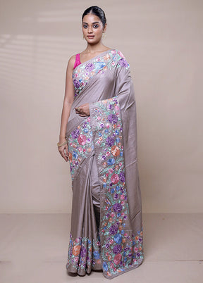 Grey Handloom Tussar Pure Silk Saree With Blouse Piece