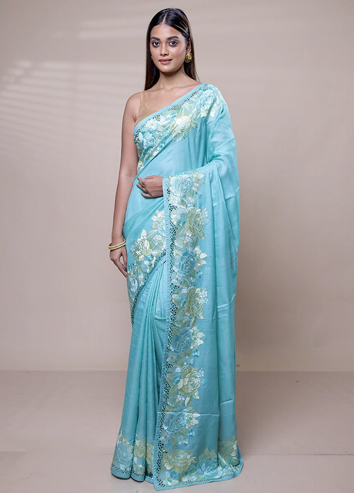 Blue Handloom Tussar Pure Silk Saree With Blouse Piece