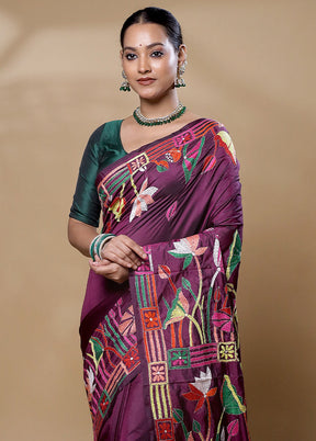 Purple Kantha Stitch Silk Saree With Blouse Piece