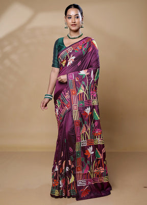 Purple Kantha Stitch Silk Saree With Blouse Piece